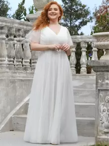Große Größen Rüschenärmel Chiffon Abschlussballkleid Junggesellinnenabschied Partykleid Bridal-Shower Kleid Hochzeitskleid für Braut Verlobungskleider