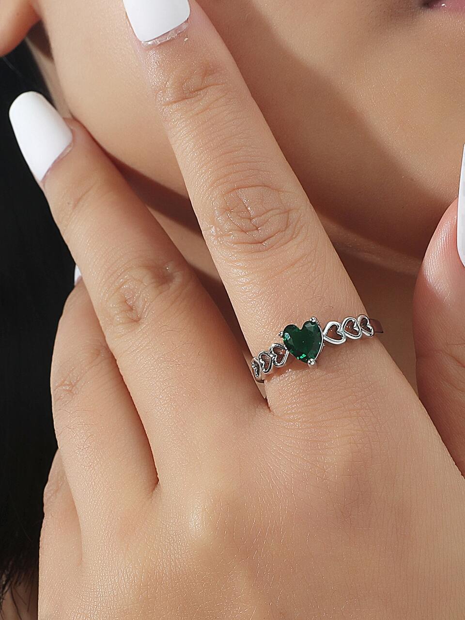 Heart Decor Ring Romantic Green Heart Hollow Copper Ring Valentine's Day Gift For Women For Party Banquet Wedding Valentines