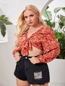 SHEIN VCAY Plus Tie Front Floral Print Top - Multicolor - View 5