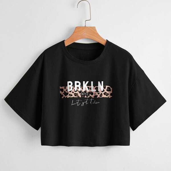 

Leopard & Letter Graphic Crop Tee, Black