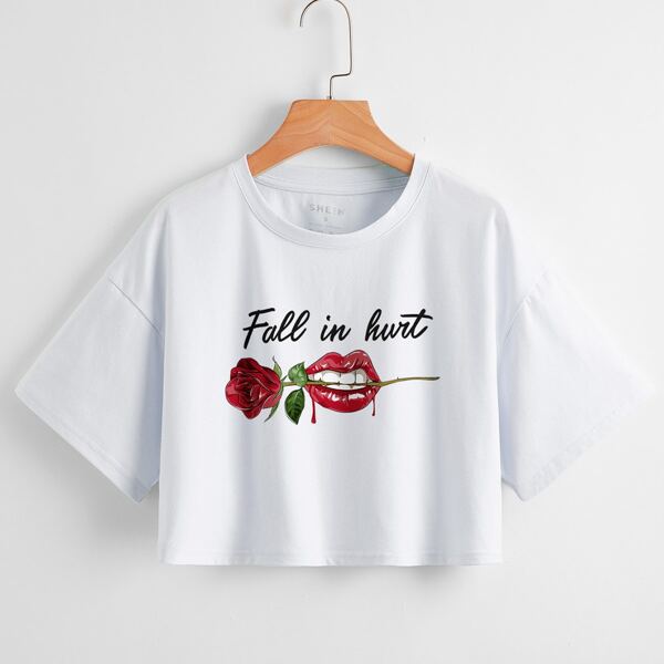 

Floral & Slogan Graphic Crop Tee, White