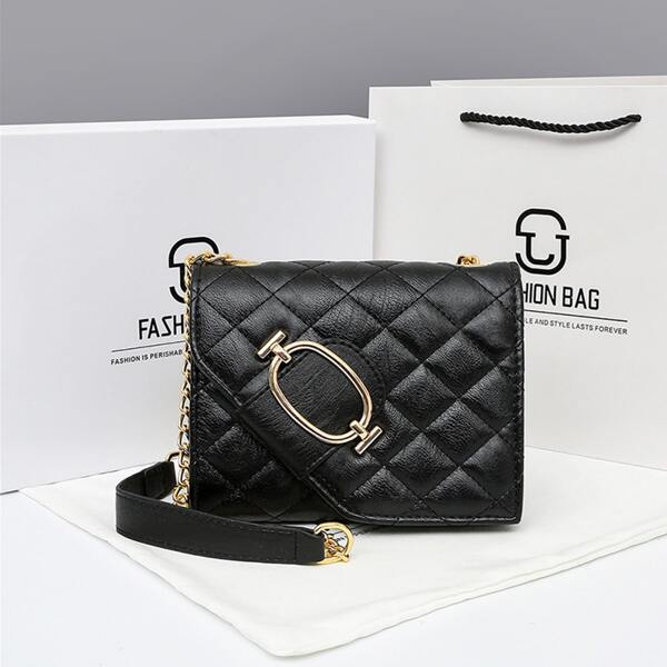

Metal Decor Quilted Chain Crossbody Bag, Black