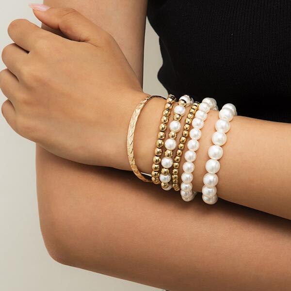 

6pcs Beaded Bracelet, Gold