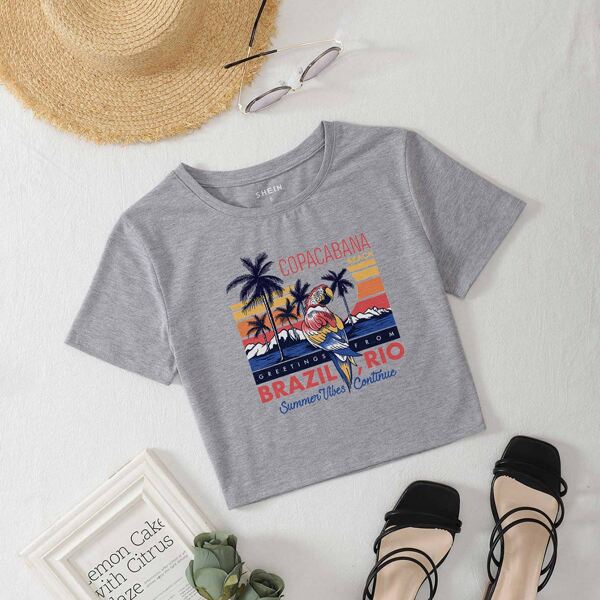 

Tropical And Slogan Graphic Tee, Grey