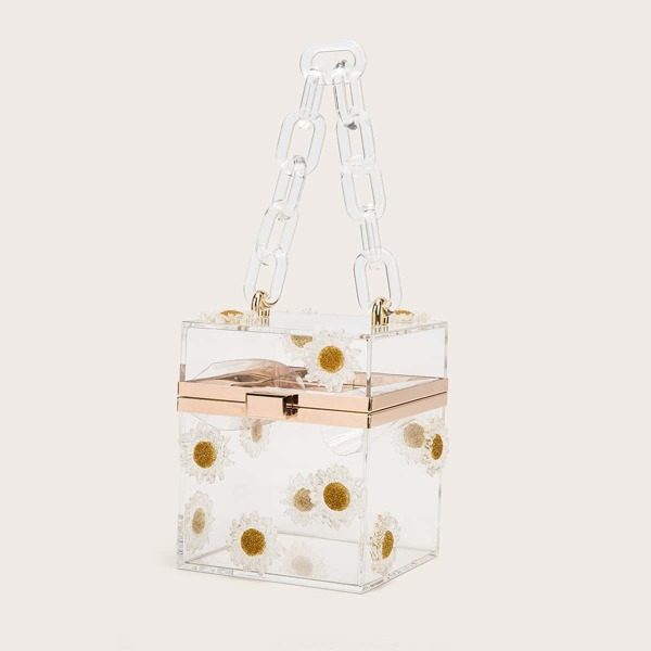 

Floral Appliques Chain Clear Box Bag