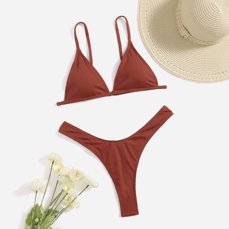 

Solid Rib Bikini Swimsuit, Brown