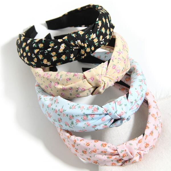 

4pcs Flower Print Knot Decor Headband, Multicolor