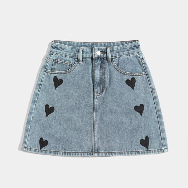 

Heart Print Denim Skirt, Light wash