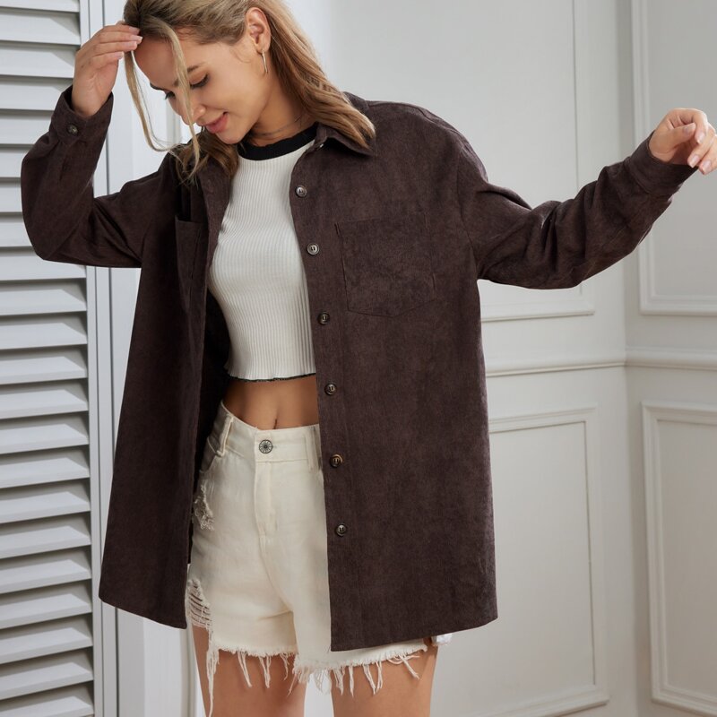 

Solid Button Front Corduroy Coat, Chocolate brown