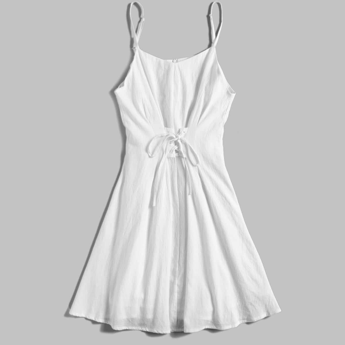 

Solid Lace Up Cami Dress, White
