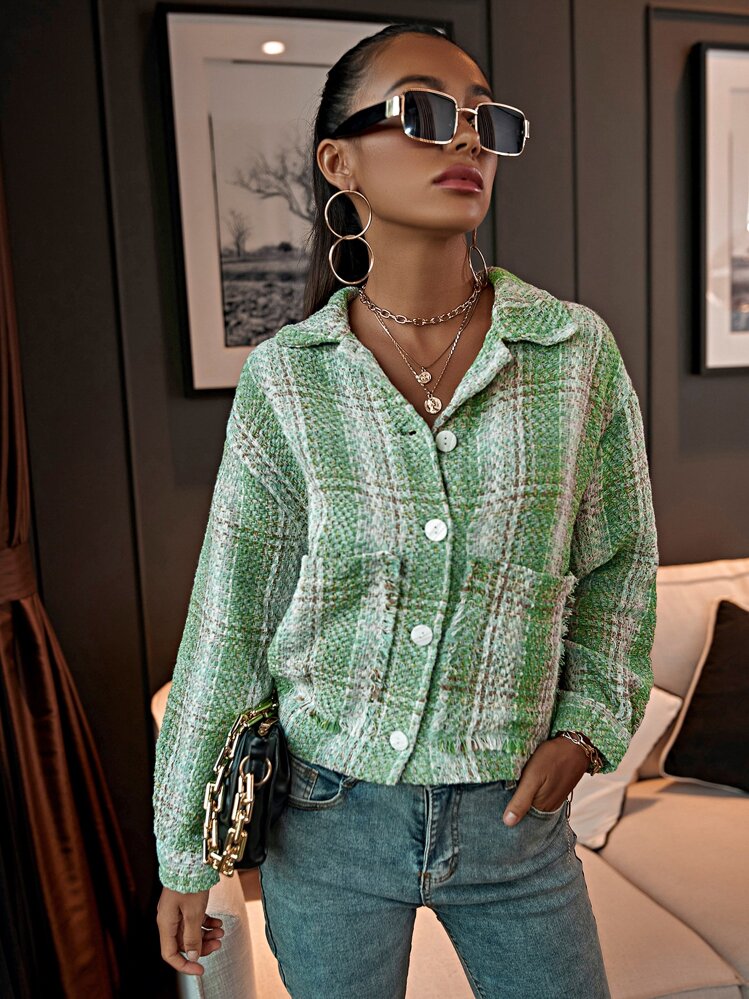 Tweed Plaid Dual Pocket Jacket - Green - View 1