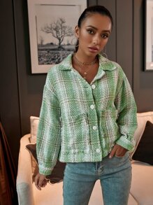 Cazadora tweed de cuadros con doble bolsillo - Verde - Ver 5