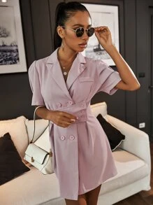 Double Breasted Lapel Neck Solid Dress - Pink - View 6
