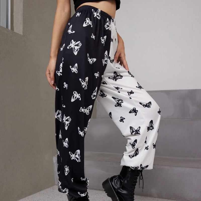 

Colorblock Butterfly Graphic Sweatpants, Black and white