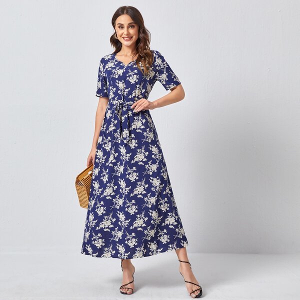 

Allover Floral Print Belted A-line Dress, Navy blue