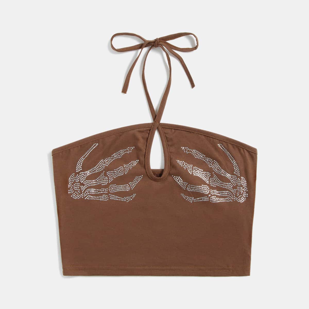 

Skeleton Rhinestone Crop Halter Top, Coffee brown