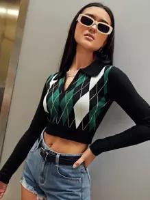 SHEIN EZwear Notch Neck Argyle Pattern Jumper - Multicolor - View 1