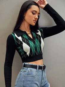 SHEIN EZwear Notch Neck Argyle Pattern Jumper - Multicolor - View 4