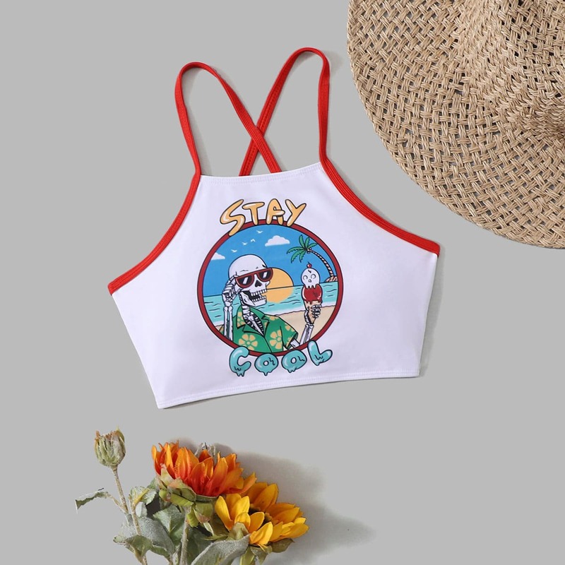 

Cartoon Graphic Cross Back Bikini Top, White