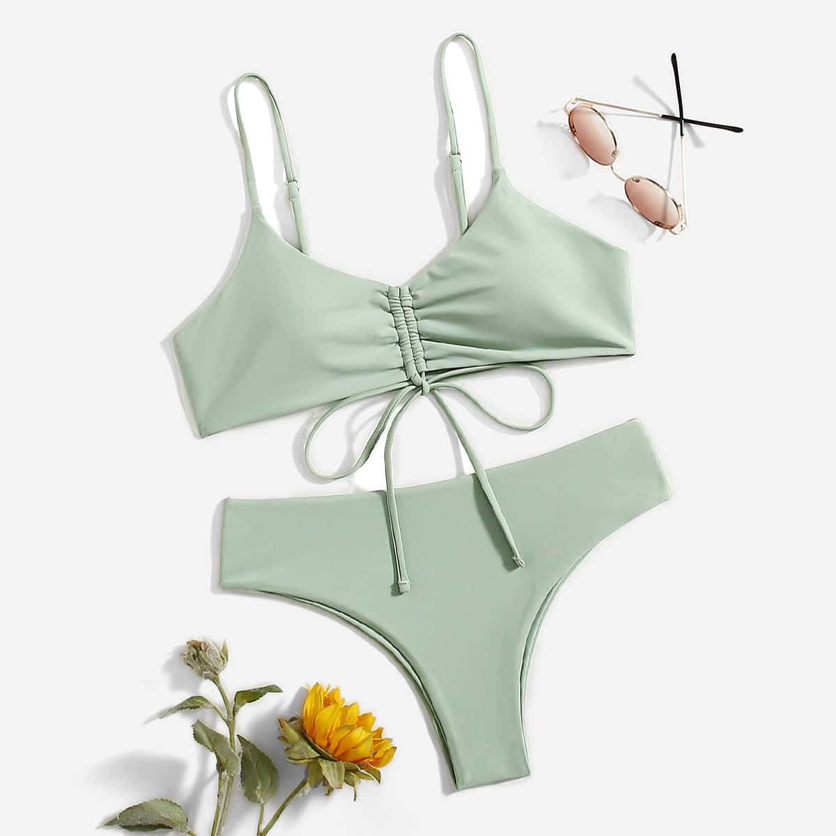 

Solid Drawstring Bikini Swimsuit, Green