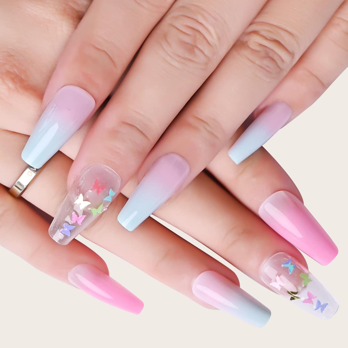 

24pcs Butterfly Ombre False Nail & 1sheet Tape & 1pc Nail File, Pink