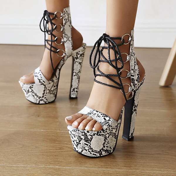 

Snakeskin Pattern Lace-up Platform Chunky Sandals, Black and white
