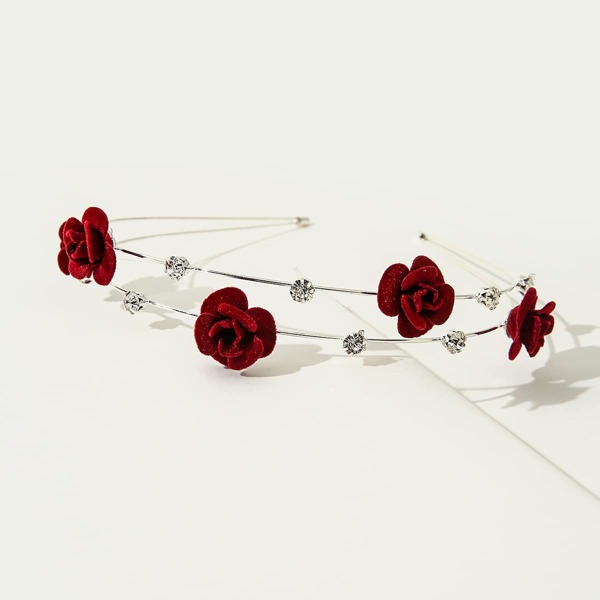 

2pcs Flower & Rhinestone Decor Headband, Burgundy
