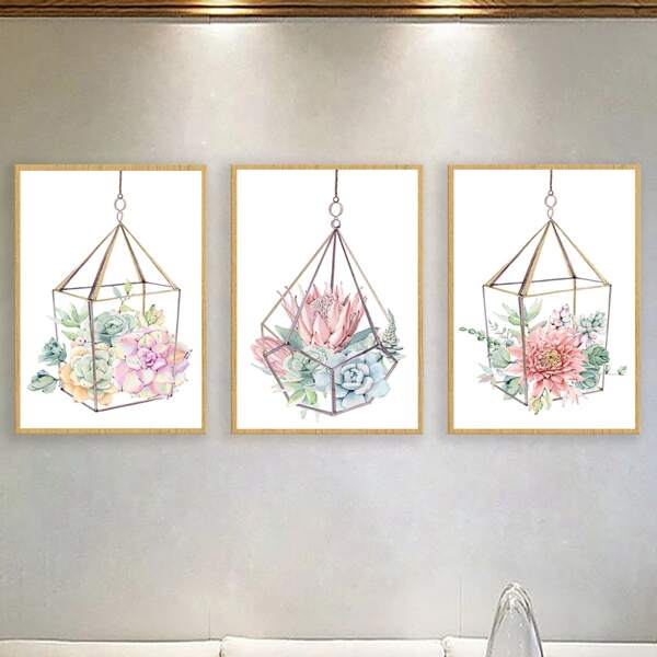 

3pcs Plant Print Unframed Painting, Multicolor