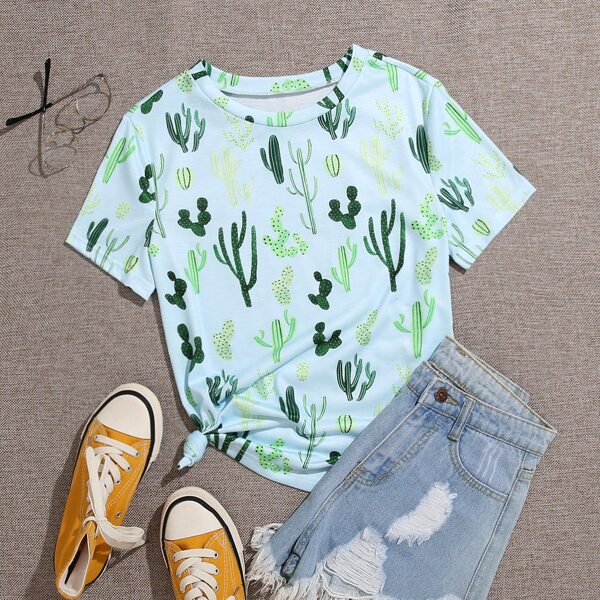 

Plus Cactus Print Tee, Baby blue