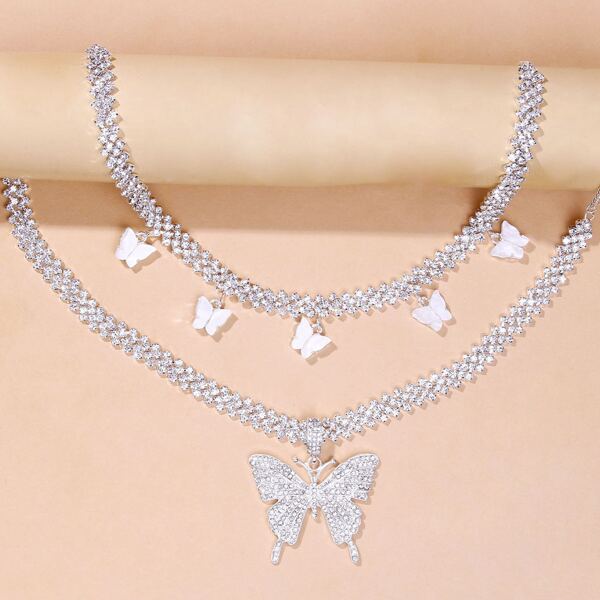 

2pcs Rhinestone Decor Necklace, Silver