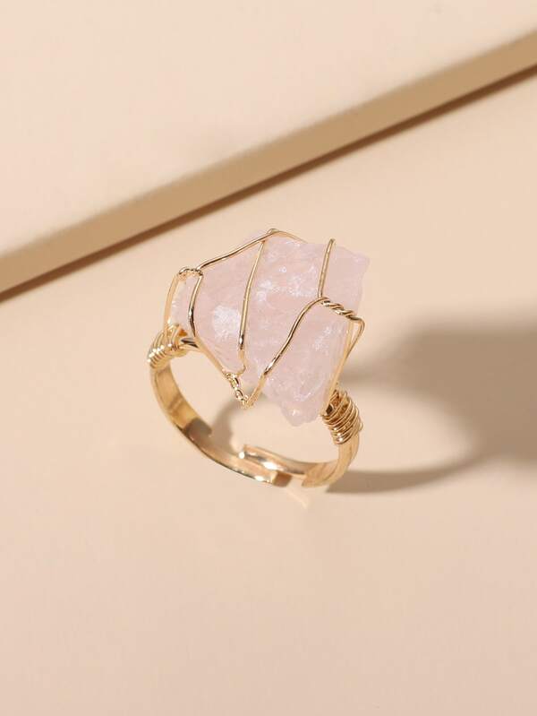 1 pieza Anillo envuelto en alambre de cuarzo, anillo de declaración de cristal natural irregular chapado en oro ajustable, joyería hecha a mano de piedras curativas bohemias para uso diario de mujeres [El tamaño y la forma de las piedras son aleatorios]