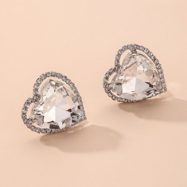 

Rhinestone Heart Earrings, Silver