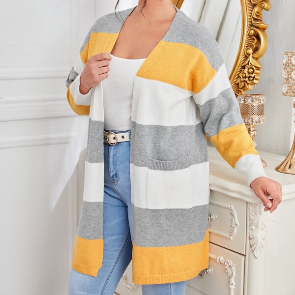 

Plus Dual Pocket Color Block Drop Shoulder Open Front Cardigan, Multicolor