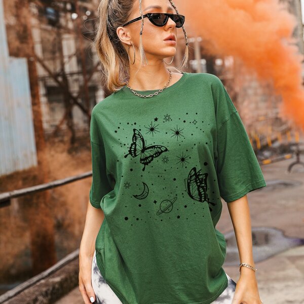 

Drop Shoulder Butterfly Print Oversized Tee, Dark green