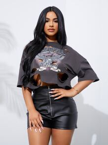 SHEIN SXY 老鷹和標語圖案落肩袖破洞T恤 - 深灰色 - 查看 1