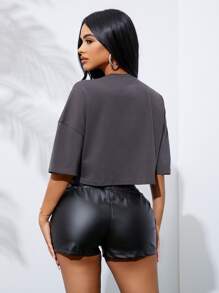 SHEIN SXY 老鷹和標語圖案落肩袖破洞T恤 - 深灰色 - 查看 2