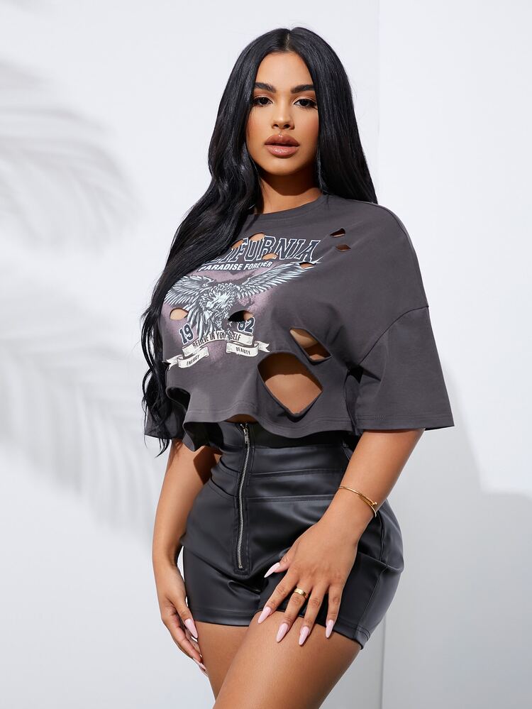 SHEIN SXY Eagle & Slogan Graphic Drop Shoulder Ripped Tee - Dark Grey - View 3
