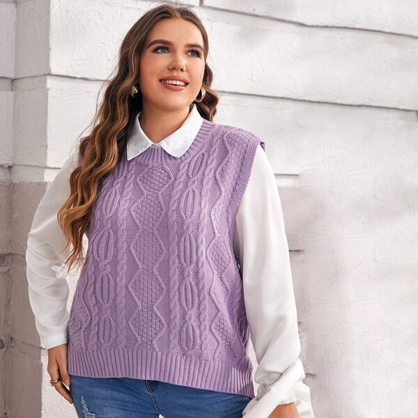 

Plus Solid Cable Knit Sweater Vest Without Blouse, Purple