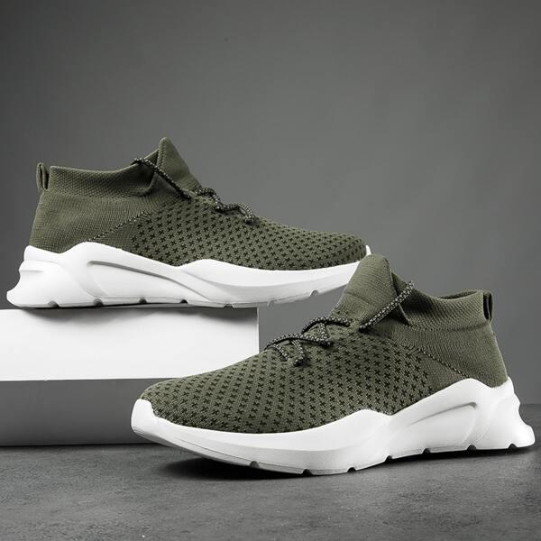 

Men Lace Up Decor Knit Chunky Sneakers, Army green