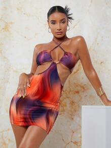 SHEIN BAE Tie Dye Cut Out Waist Mini Halter Dress - Multicolor - View 1