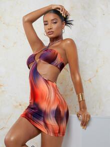 SHEIN BAE Tie Dye Cut Out Waist Mini Halter Dress - Multicolor - View 3