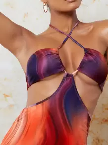 SHEIN BAE Tie Dye Cut Out Waist Mini Halter Dress - Multicolor - View 5