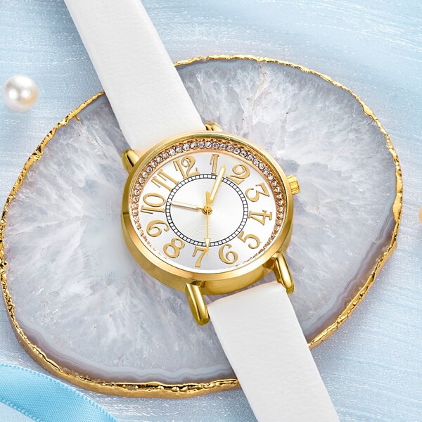 

Rhinestone Decor Round Pointer Quartz Watch