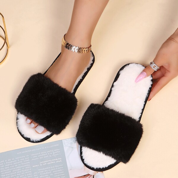 

Two Tone Fluffy Bedroom Slippers, Black