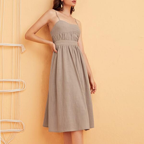 

Solid Backless Ruched Cami Dress, Khaki