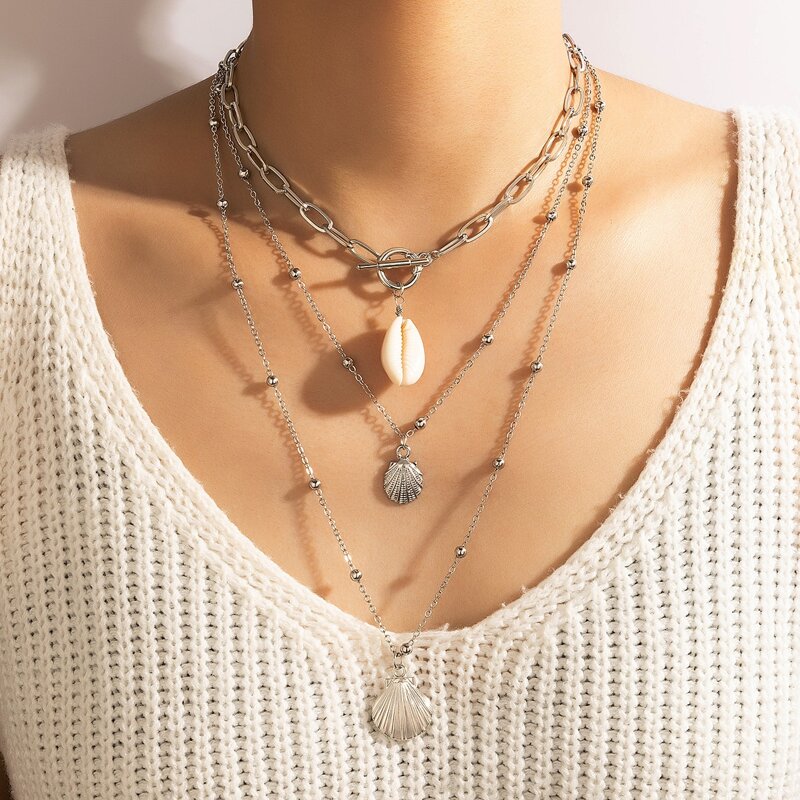 

2pcs Shell Pendant Layered Necklace, Silver