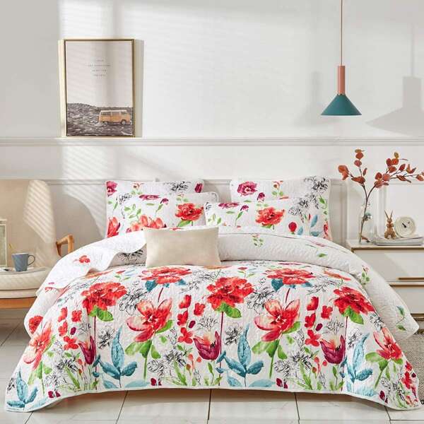 

Flower Print Quilt Sets Without Filler, White