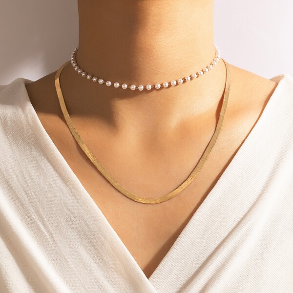 

Faux Pearl Decor Layered Necklace, Gold