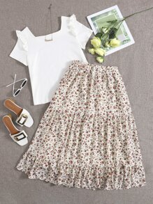 SHEIN Ruffle Detail Top & Ditsy Floral Tiered Hem Skirt Set - Multicolor - View 1