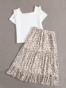 SHEIN Ruffle Detail Top & Ditsy Floral Tiered Hem Skirt Set - Multicolor - View 2
